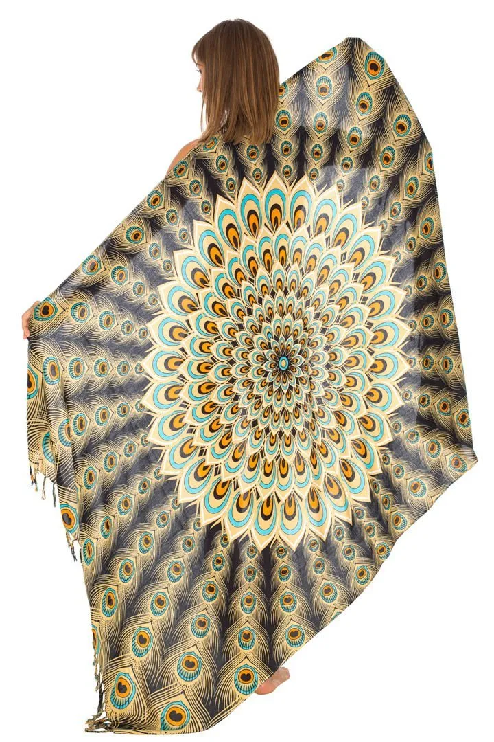 SHU-SHI Women's Sarong Beach Swimsuit Cover-Up Mandala Peacock Print with Clip