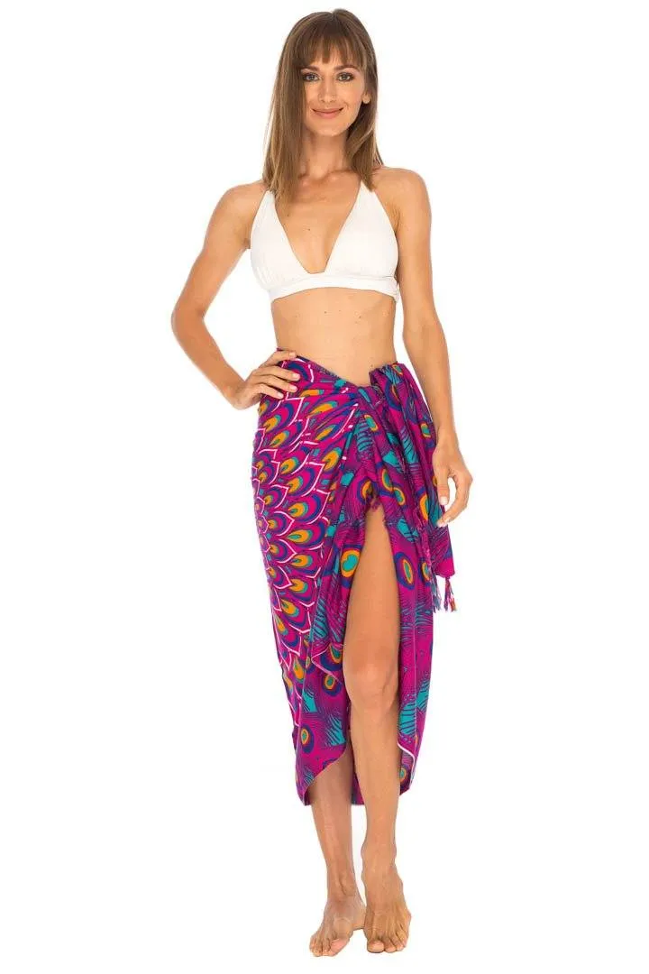 SHU-SHI Women's Sarong Beach Swimsuit Cover-Up Mandala Peacock Print with Clip