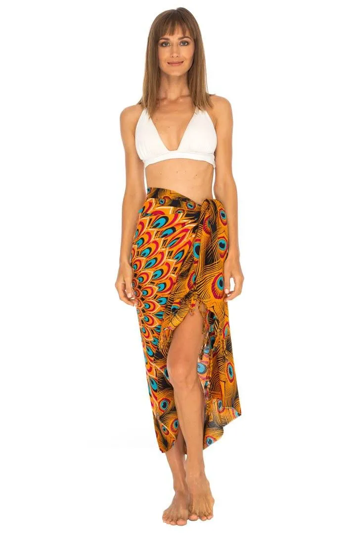 SHU-SHI Women's Sarong Beach Swimsuit Cover-Up Mandala Peacock Print with Clip