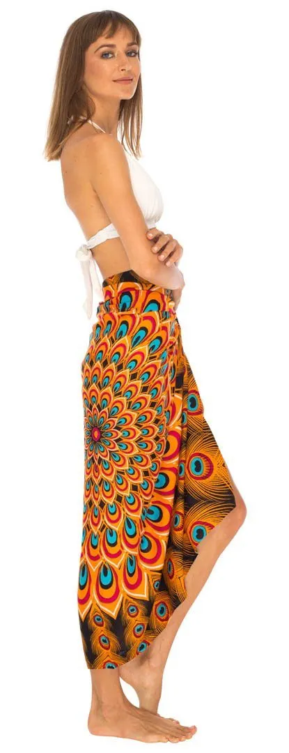 SHU-SHI Women's Sarong Beach Swimsuit Cover-Up Mandala Peacock Print with Clip