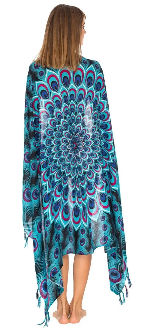 SHU-SHI Women's Sarong Beach Swimsuit Cover-Up Mandala Peacock Print with Clip