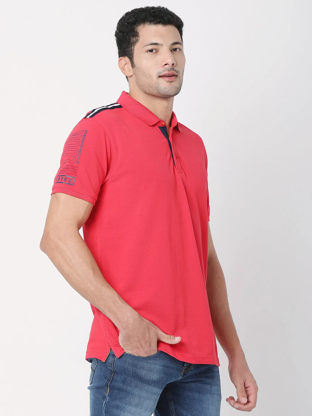 Spykar Men Deep Coral Cotton Half Sleeve Casual Plain Polo Tshirt