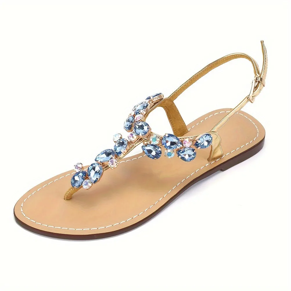 Stunning Blue Rhinestone T-Strap Flat Sandals - Sparkling Embellishments, Bohemian Chic Design, Comfortable Walking, Perfect for Wedding, Beach, Oceanside, Outdoor Summer Events