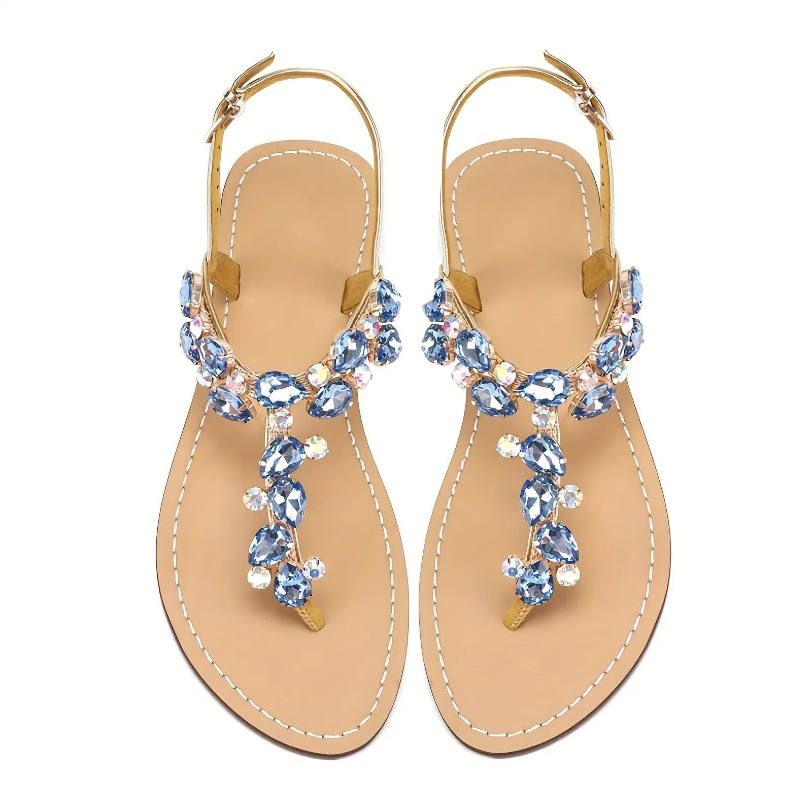 Stunning Blue Rhinestone T-Strap Flat Sandals - Sparkling Embellishments, Bohemian Chic Design, Comfortable Walking, Perfect for Wedding, Beach, Oceanside, Outdoor Summer Events