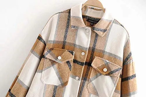 TWOWYHI Women Shacket Oversized Flannel Plaid Shirt Jacket for Women Long Sleeve Button Down Jacket Shacket with Pockets
