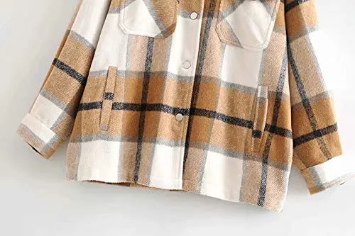 TWOWYHI Women Shacket Oversized Flannel Plaid Shirt Jacket for Women Long Sleeve Button Down Jacket Shacket with Pockets