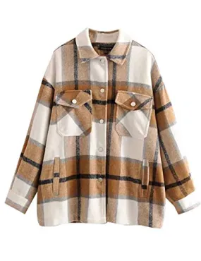 TWOWYHI Women Shacket Oversized Flannel Plaid Shirt Jacket for Women Long Sleeve Button Down Jacket Shacket with Pockets