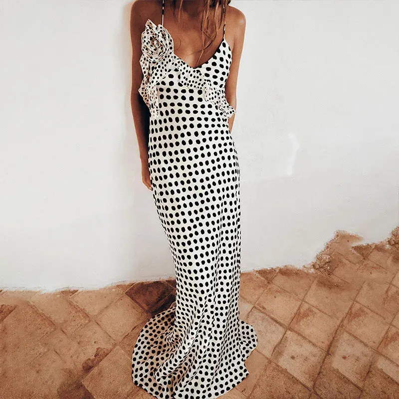 V-Neck Ruffle Spaghetti Strap Cocktail Elegant Banquet Long Floral Female Dress