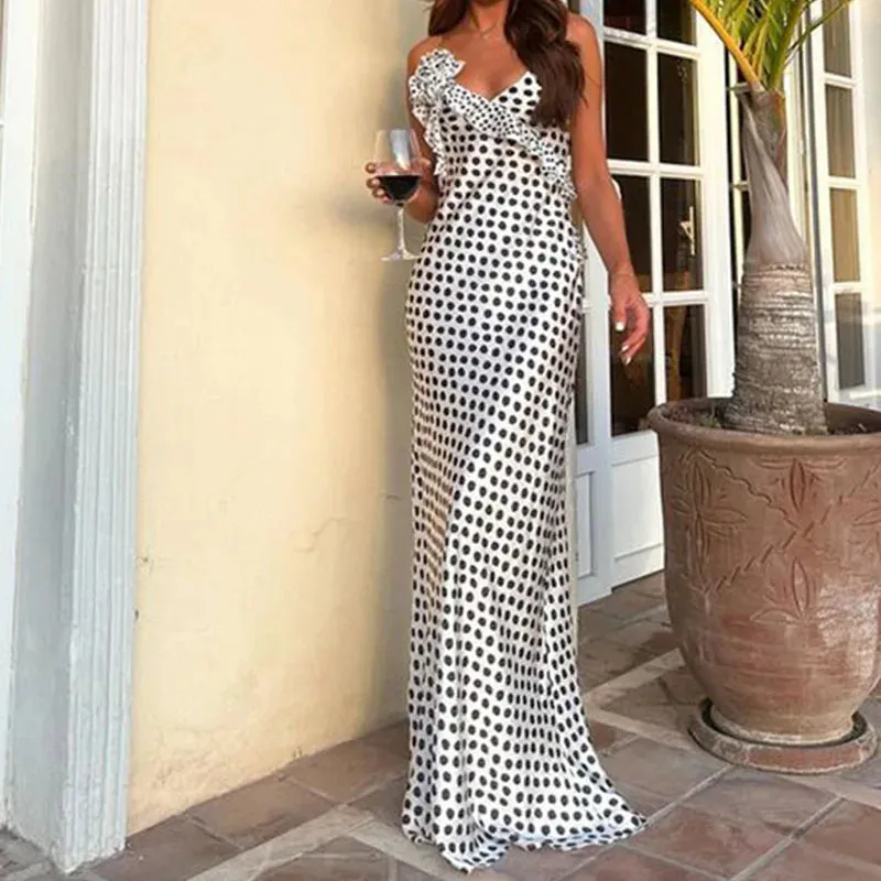 V-Neck Ruffle Spaghetti Strap Cocktail Elegant Banquet Long Floral Female Dress