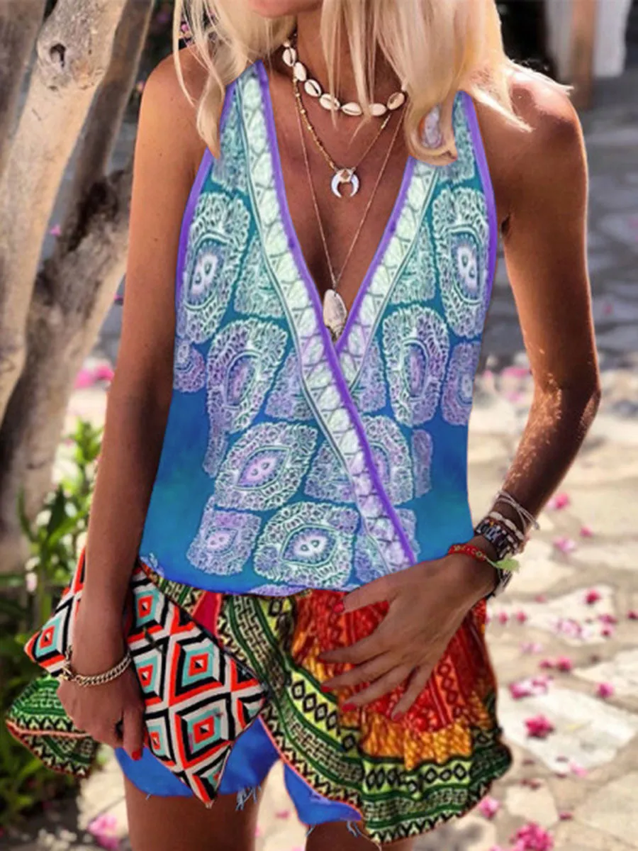 V-Neck Sleeveless Bohemian Print Dress
