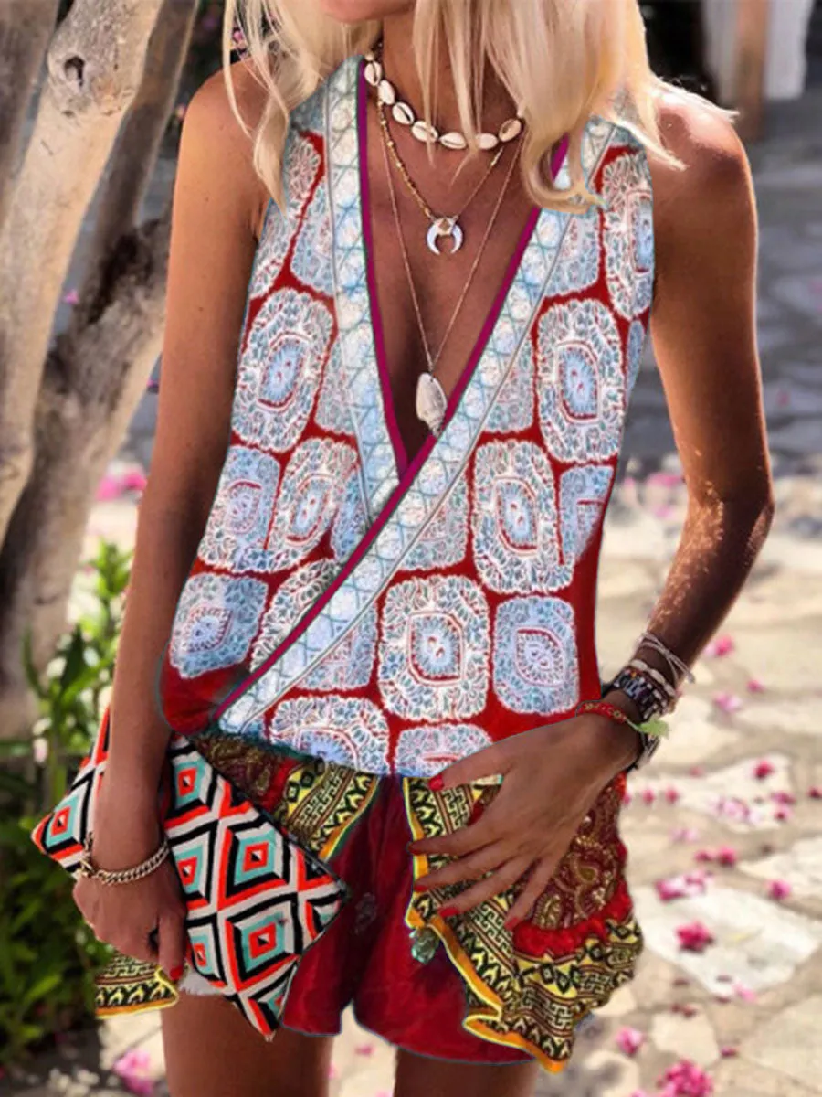 V-Neck Sleeveless Bohemian Print Dress
