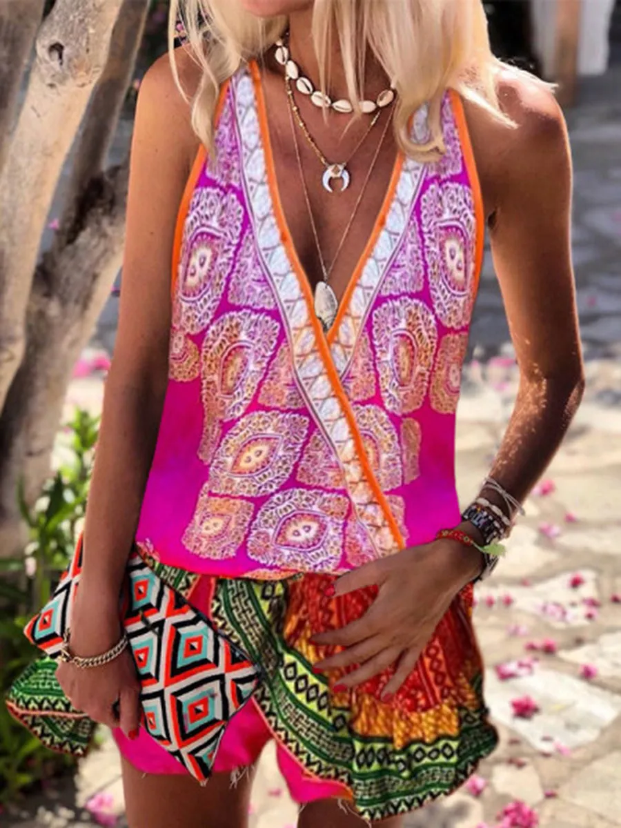 V-Neck Sleeveless Bohemian Print Dress