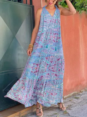 Vintage Bohemian Casual Loose V Neck Floral Dress