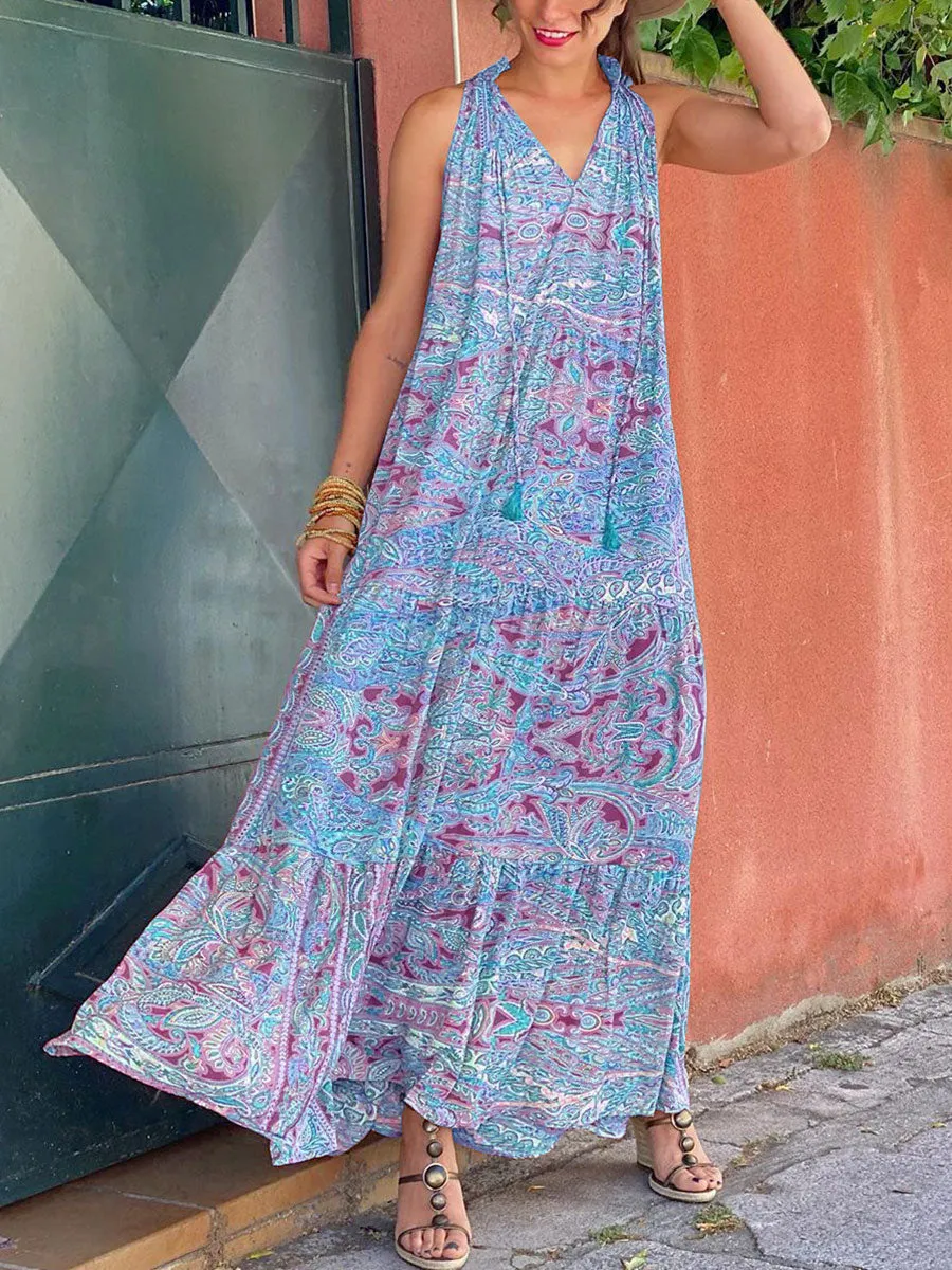 Vintage Bohemian Casual Loose V Neck Floral Dress