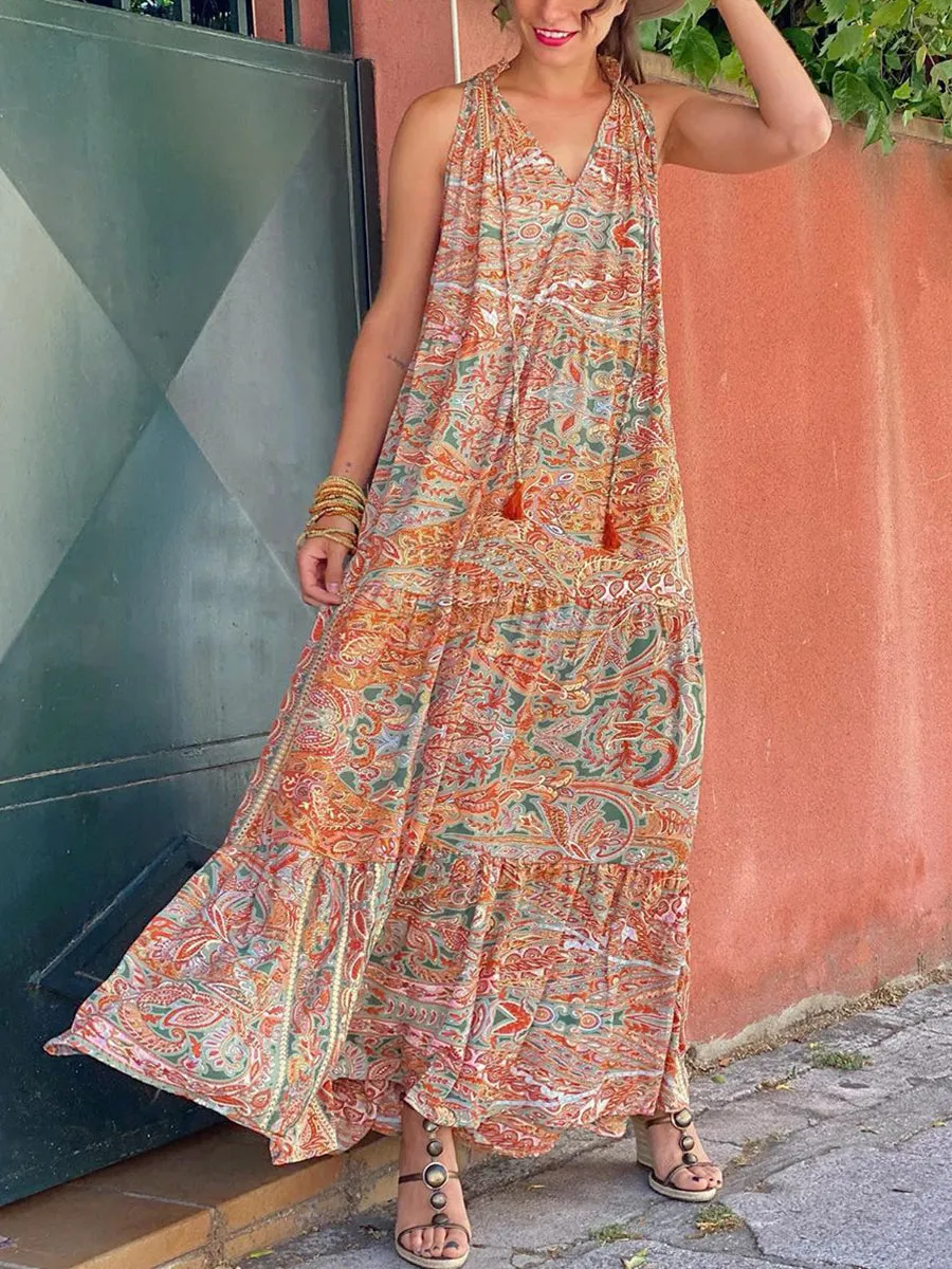 Vintage Bohemian Casual Loose V Neck Floral Dress