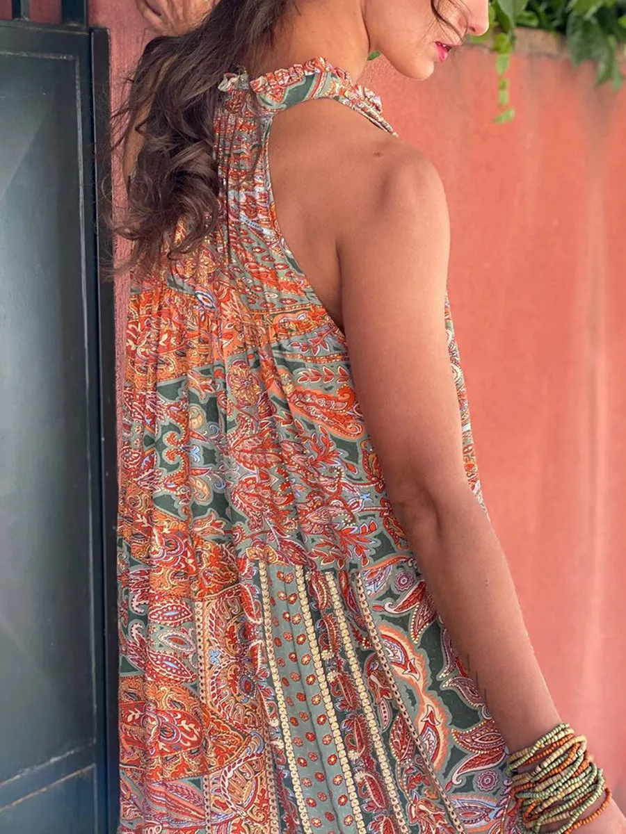 Vintage Bohemian Casual Loose V Neck Floral Dress