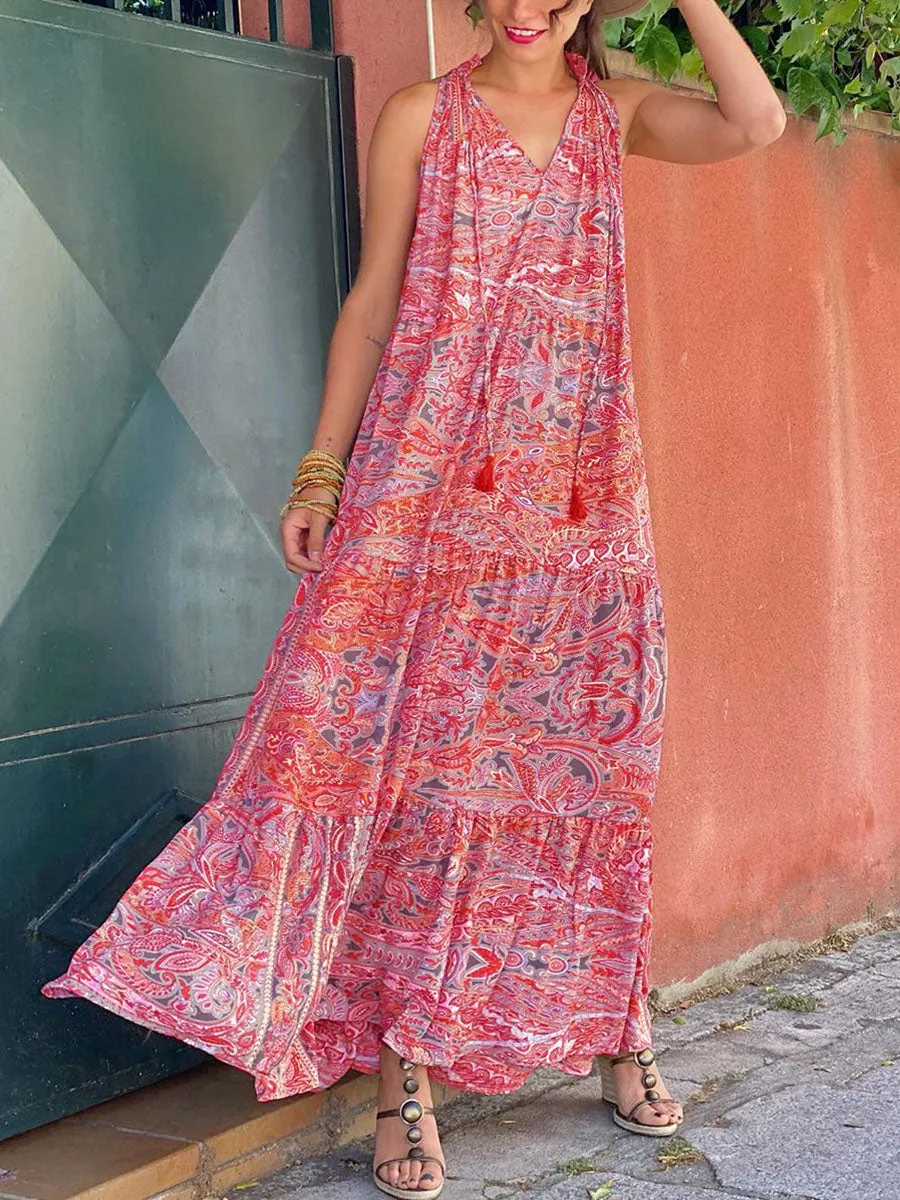Vintage Bohemian Casual Loose V Neck Floral Dress