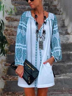 Vintage Bohemian Loose Casual V Neck Dress