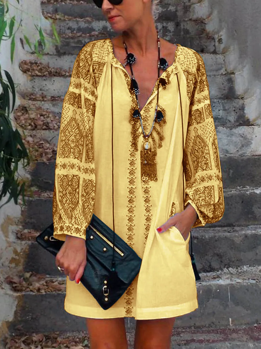 Vintage Bohemian Loose Casual V Neck Dress