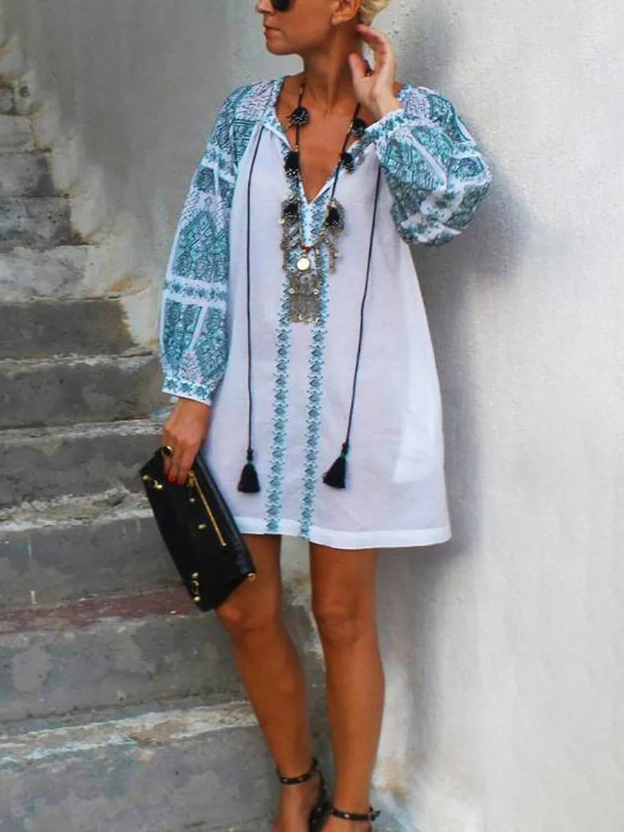 Vintage Bohemian Loose Casual V Neck Dress