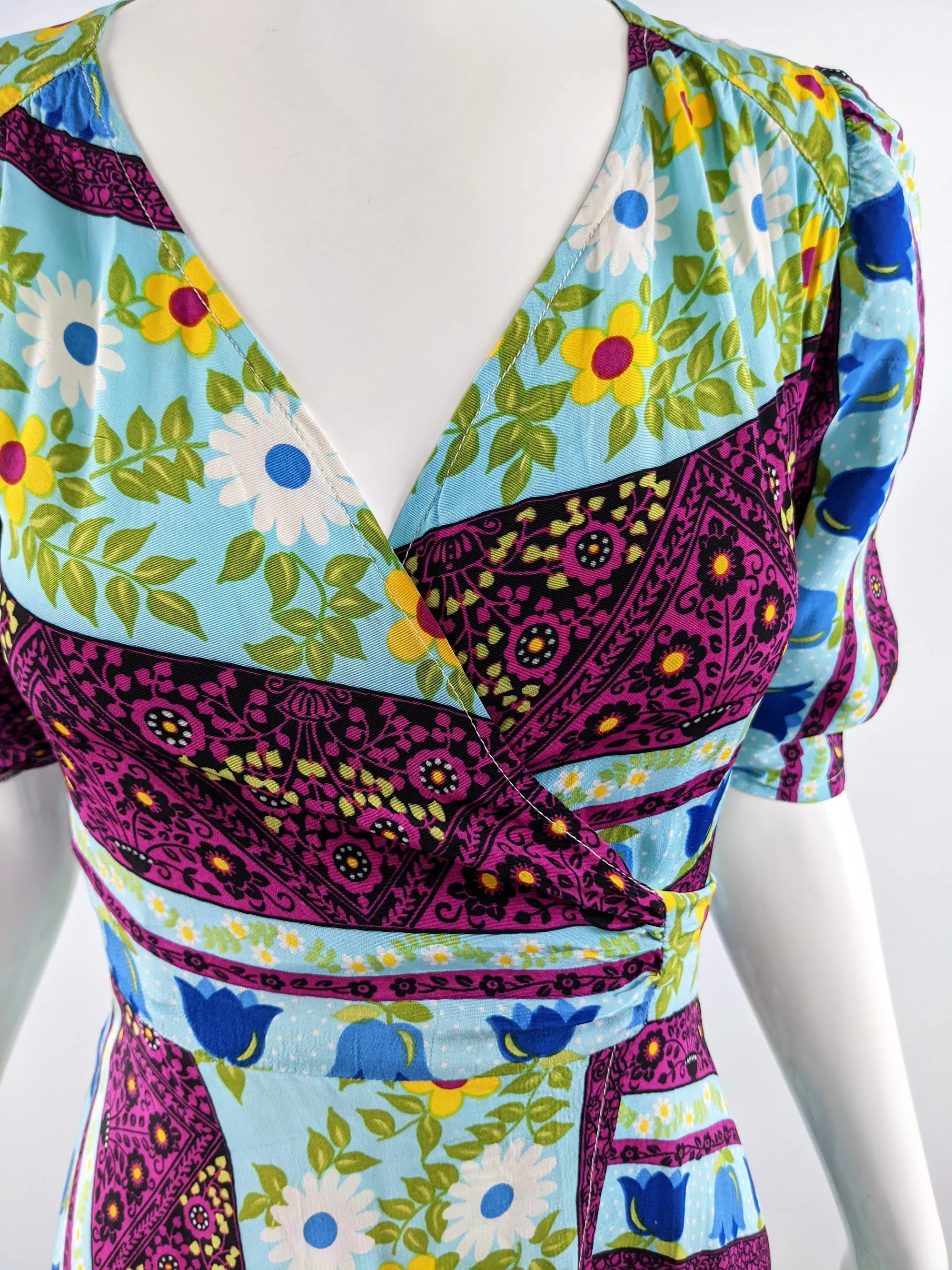 Vintage Bold Multicoloured Floral Patchwork Print Wrap Dress, 1970s