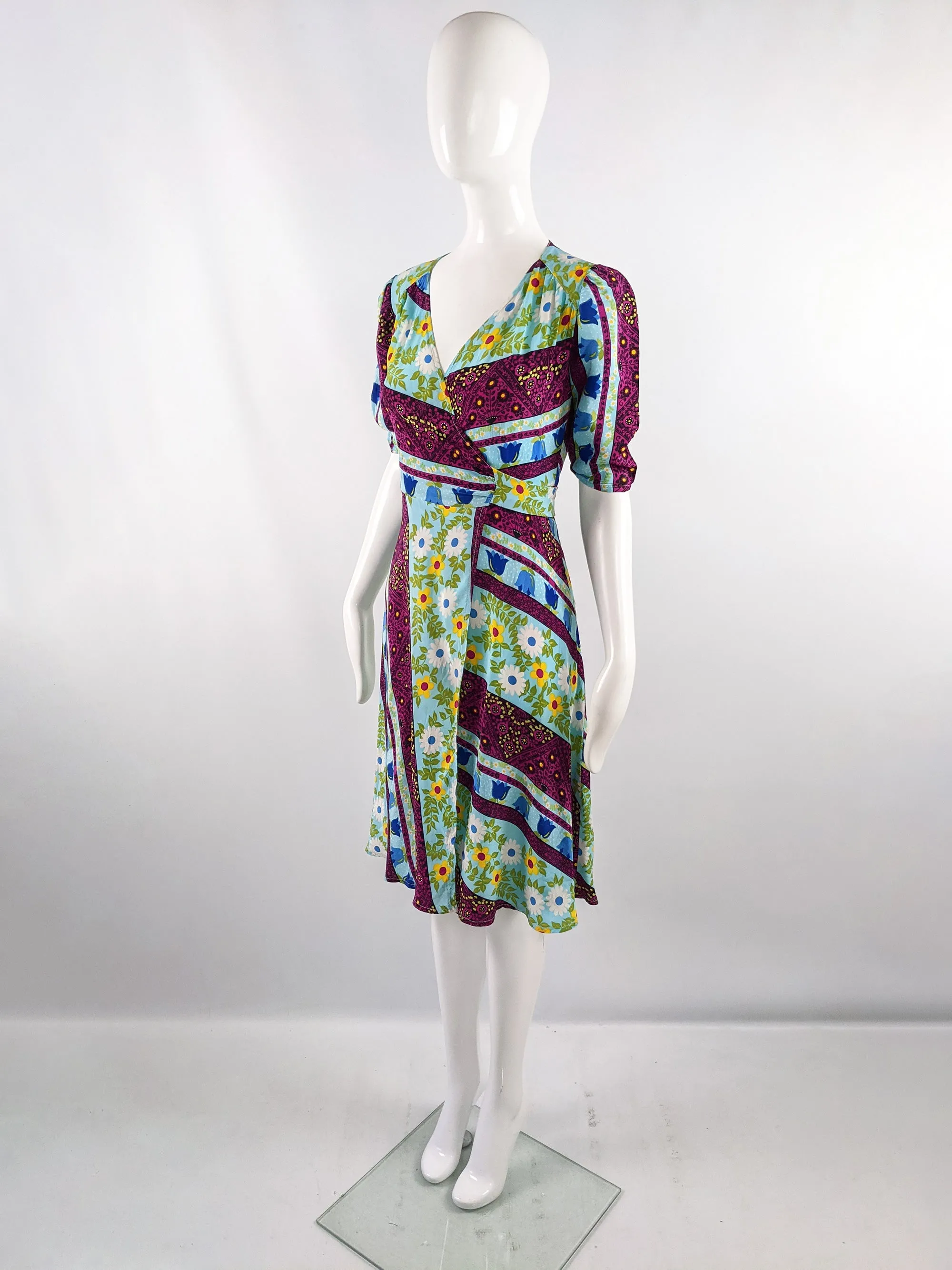 Vintage Bold Multicoloured Floral Patchwork Print Wrap Dress, 1970s