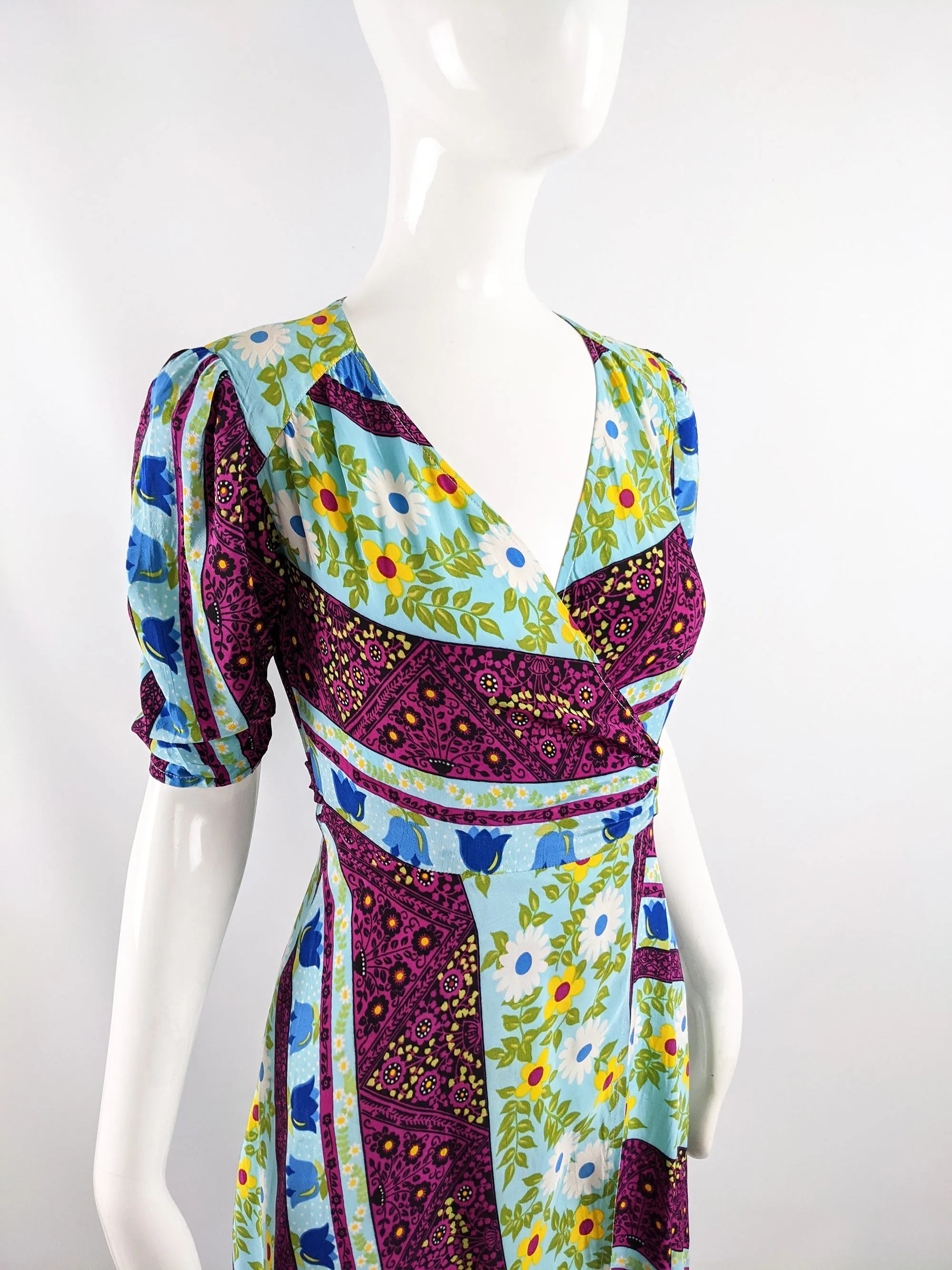 Vintage Bold Multicoloured Floral Patchwork Print Wrap Dress, 1970s