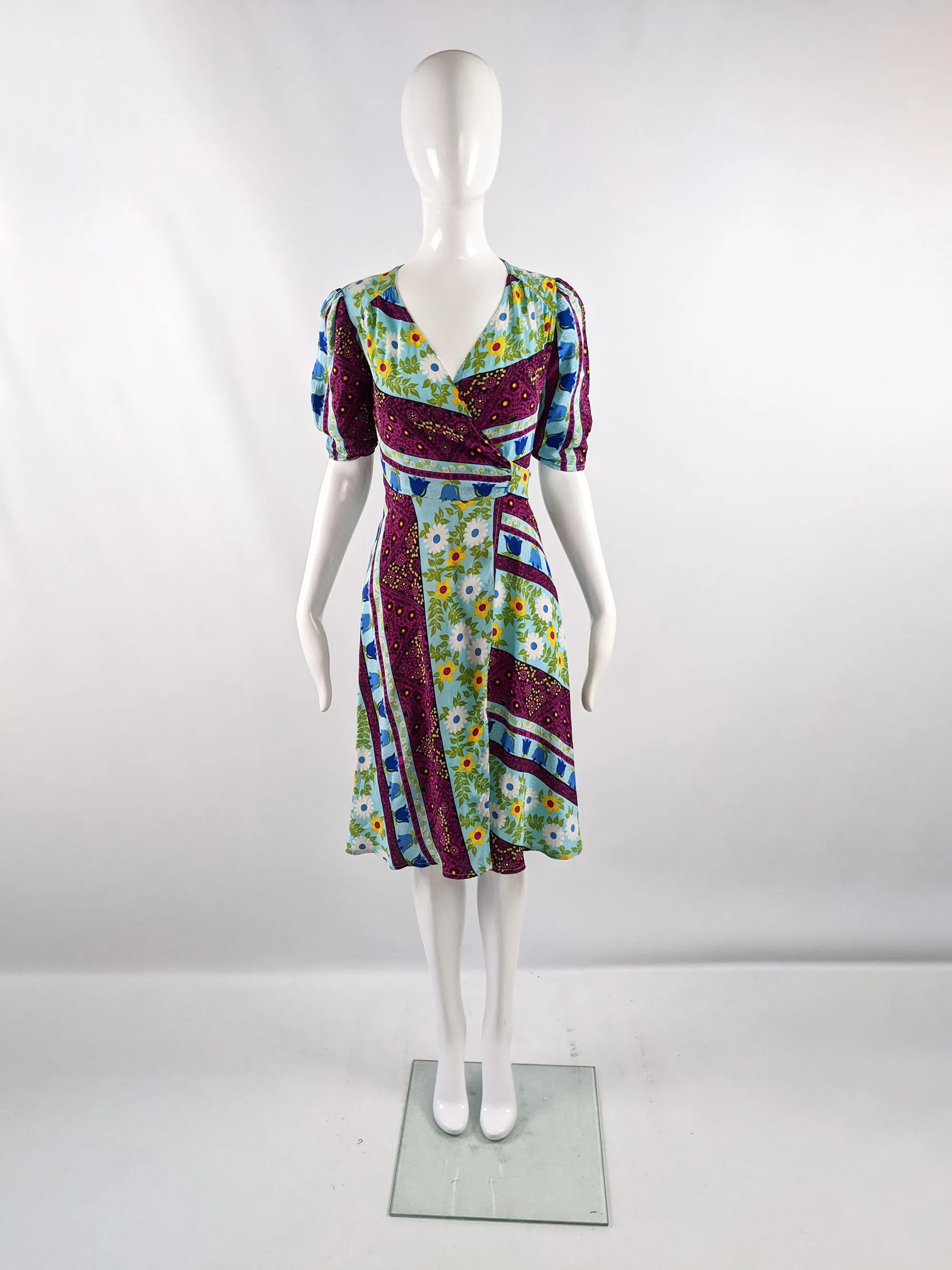 Vintage Bold Multicoloured Floral Patchwork Print Wrap Dress, 1970s