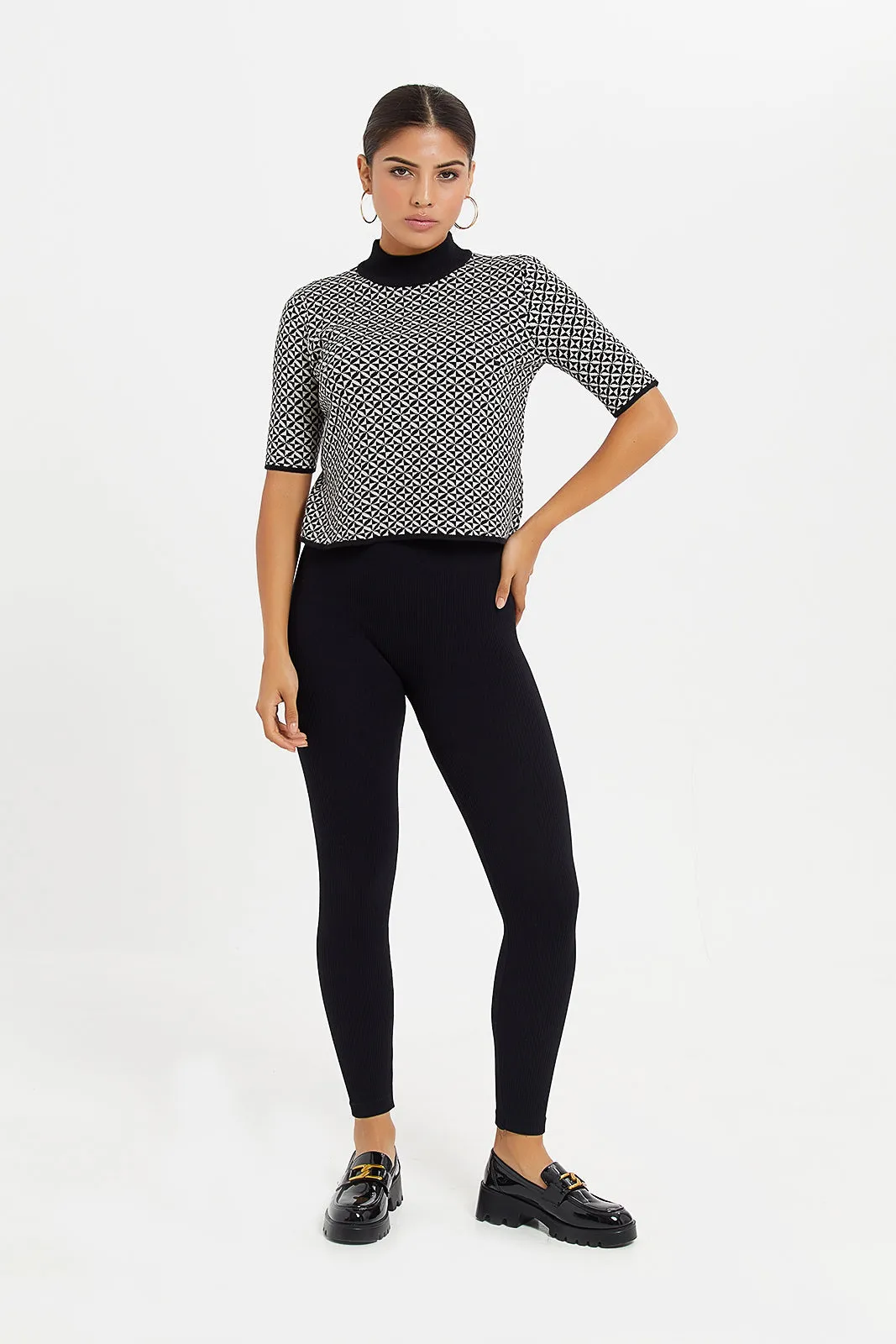 Women Black Printed High Neck Pullover