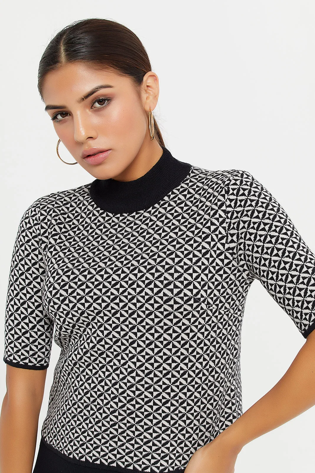 Women Black Printed High Neck Pullover