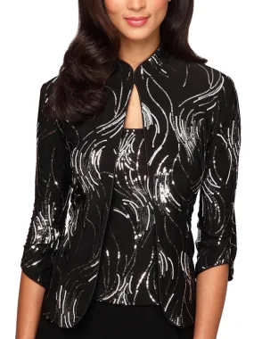 Women's 2 Pcs Sequined Jacket & Dress Shirt Set,Black Women's 2 Pcs Sequined Jacket & Dress Shirt Set,Black